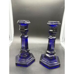 Set of 2 Viking Cobalt Blue Glass Candlesticks Marked MMA